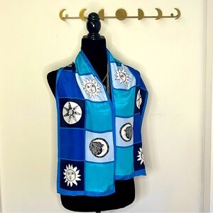 Vintage Celestial Sun Moon Star Blue Oblong Scarf 50 x 10